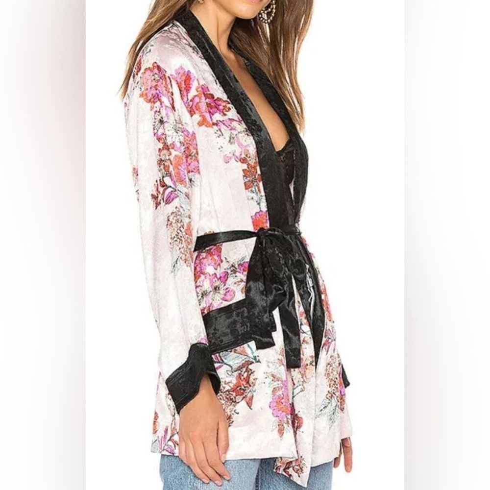 Free People Floral Robe Kimono/ swim cover up- Black and Pink